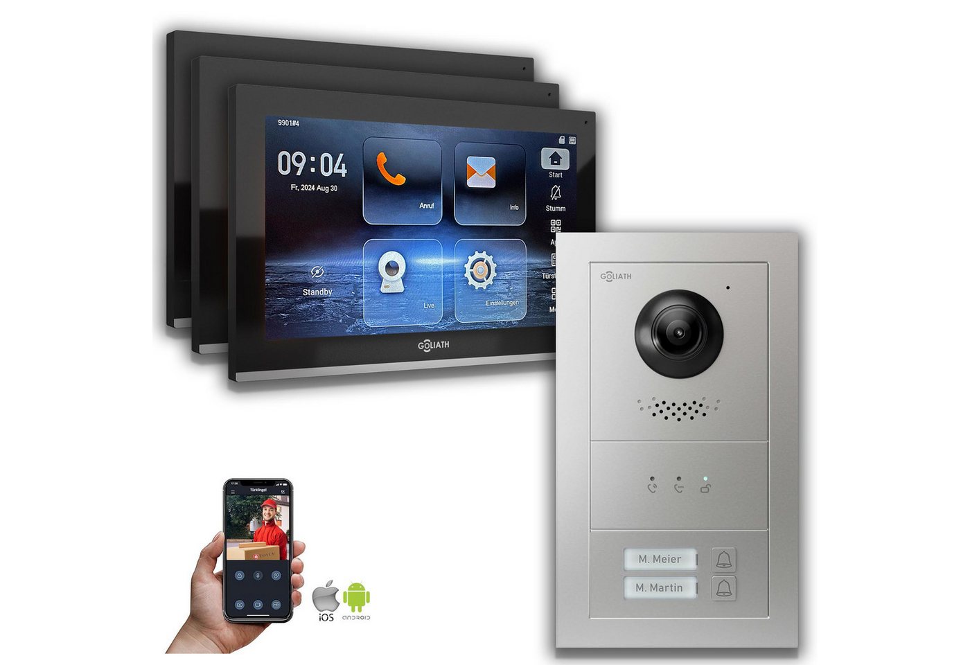 Goliath Intercom Video-Türsprechanlage Goliath IP Video Türsprechanlage: 10-Zoll 3 Monitore 2 Fam., Anzeige, (Privat oder Gewerblich) von Goliath Intercom