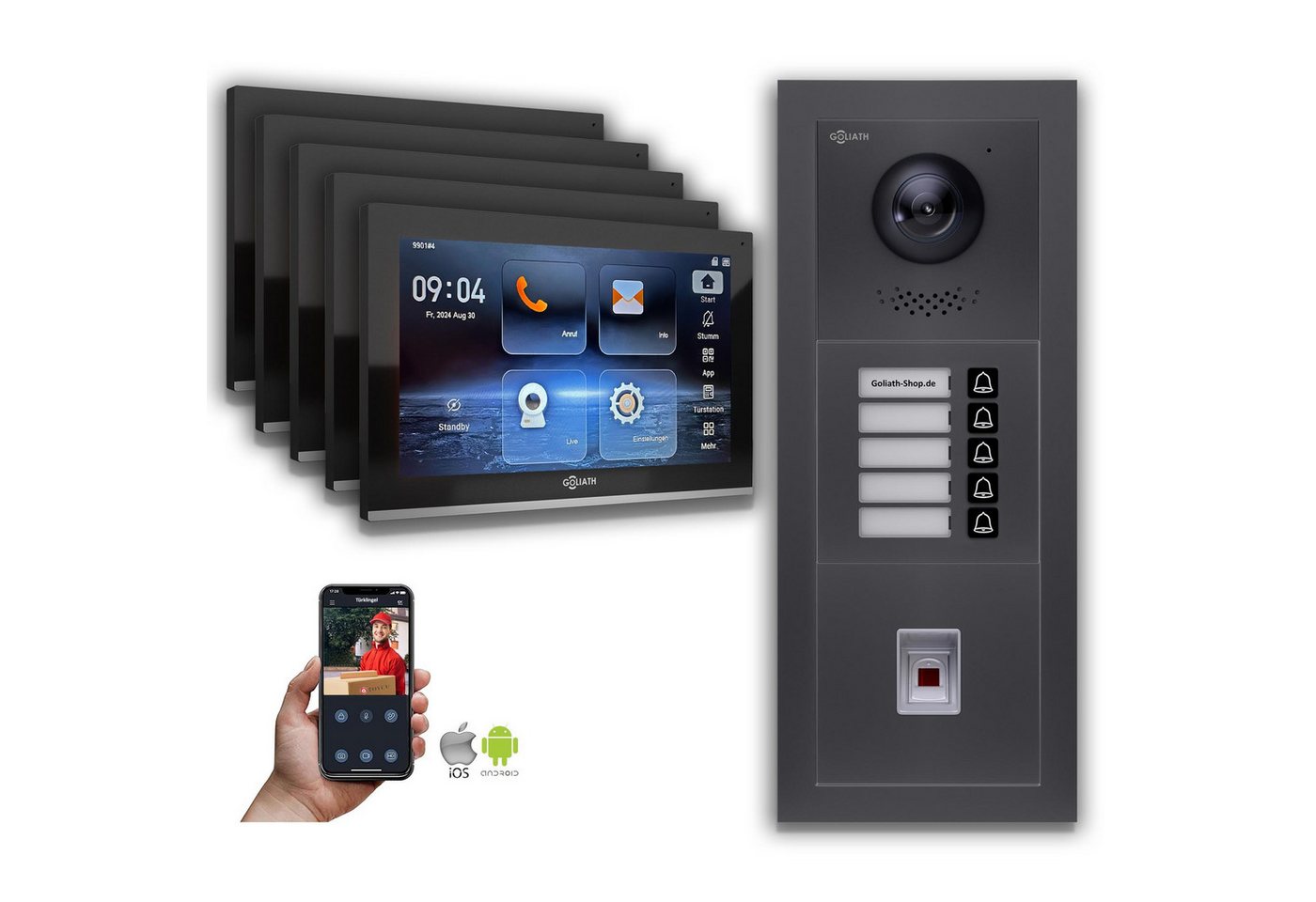 Goliath Intercom Video-Türsprechanlage Goliath IP Video Türsprechanlage: 10-Zoll 5 Familienhaus, Fingerprint, (Privat oder Gewerblich) von Goliath Intercom