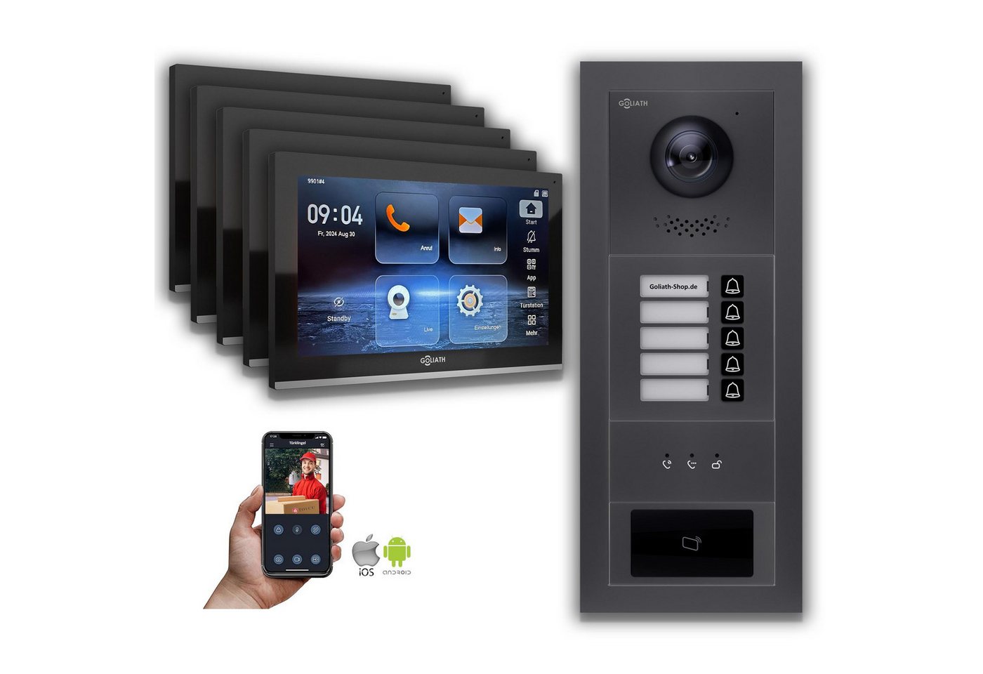 Goliath Intercom Video-Türsprechanlage Goliath IP Video Türsprechanlage: 10-Zoll 5 Familienhaus, RFID, Anzeig (Privat oder Gewerblich) von Goliath Intercom
