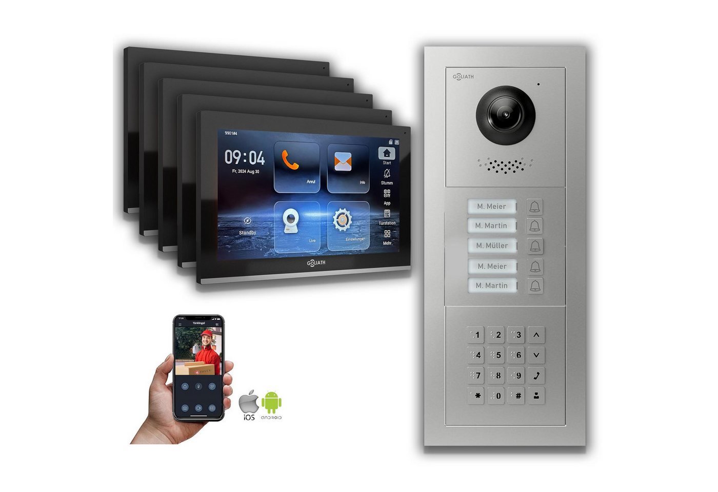 Goliath Intercom Video-Türsprechanlage Goliath IP Video Türsprechanlage: 10-Zoll 5 Familienhaus, Zahlencode, (Privat oder Gewerblich) von Goliath Intercom