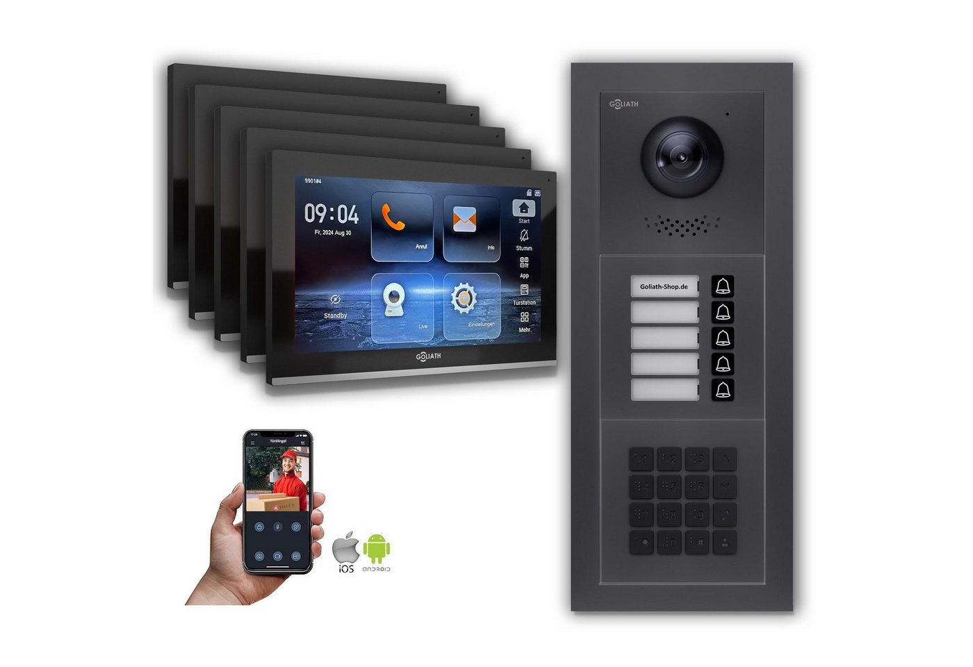 Goliath Intercom Video-Türsprechanlage Goliath IP Video Türsprechanlage: 10-Zoll 5 Familienhaus, Zahlencode, (Privat oder Gewerblich) von Goliath Intercom