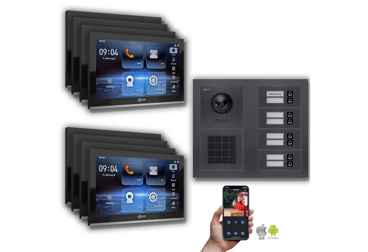 Goliath Intercom Video-Türsprechanlage Goliath IP Video Türsprechanlage: 10-Zoll 8 Familienhaus, Zahlencode,A (Privat oder Gewerblich) von Goliath Intercom