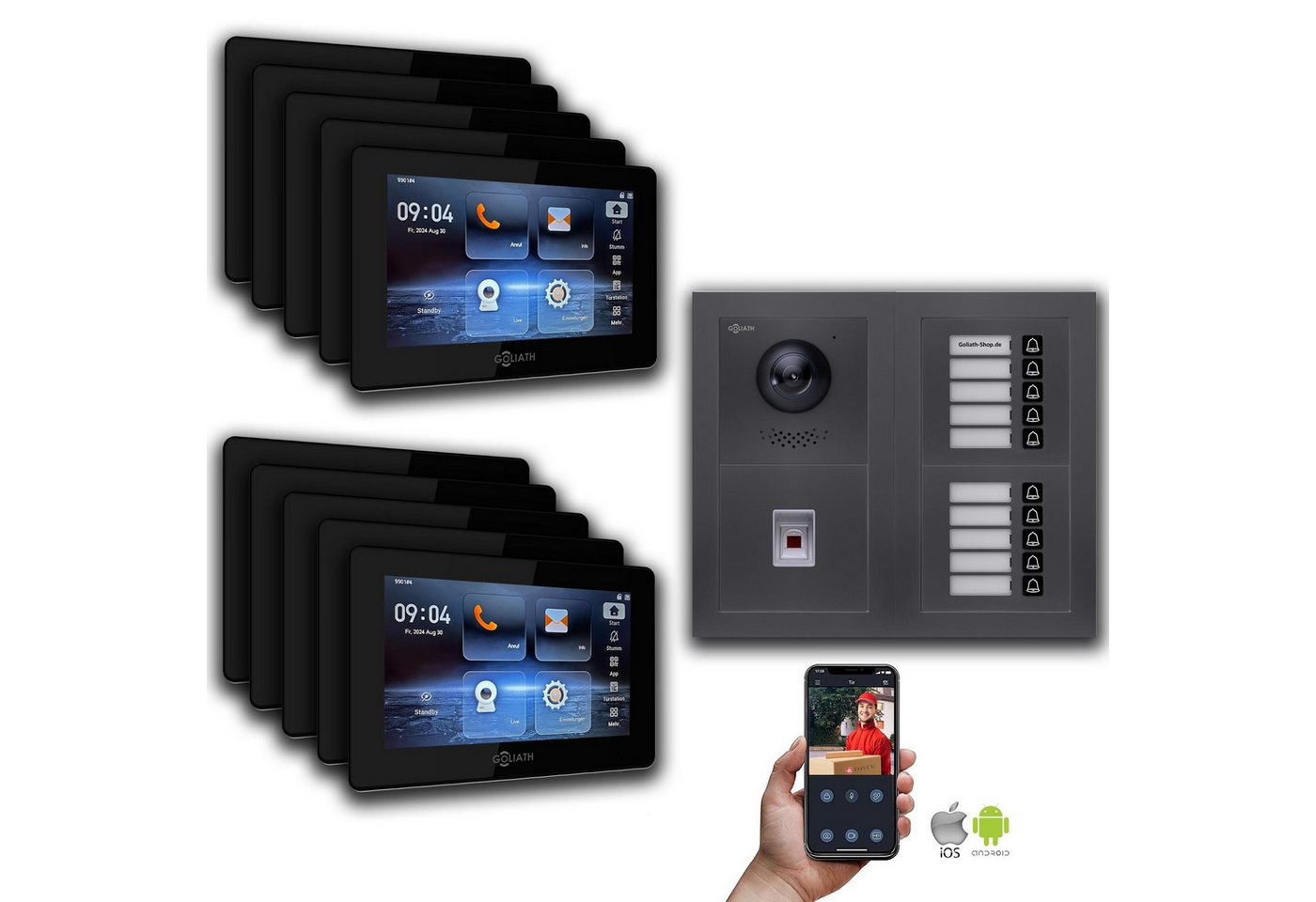 Goliath Intercom Video-Türsprechanlage Goliath IP Video Türsprechanlage: 7-Zoll 10 Familienhaus, Fingerprint, (Privat oder Gewerblich) von Goliath Intercom