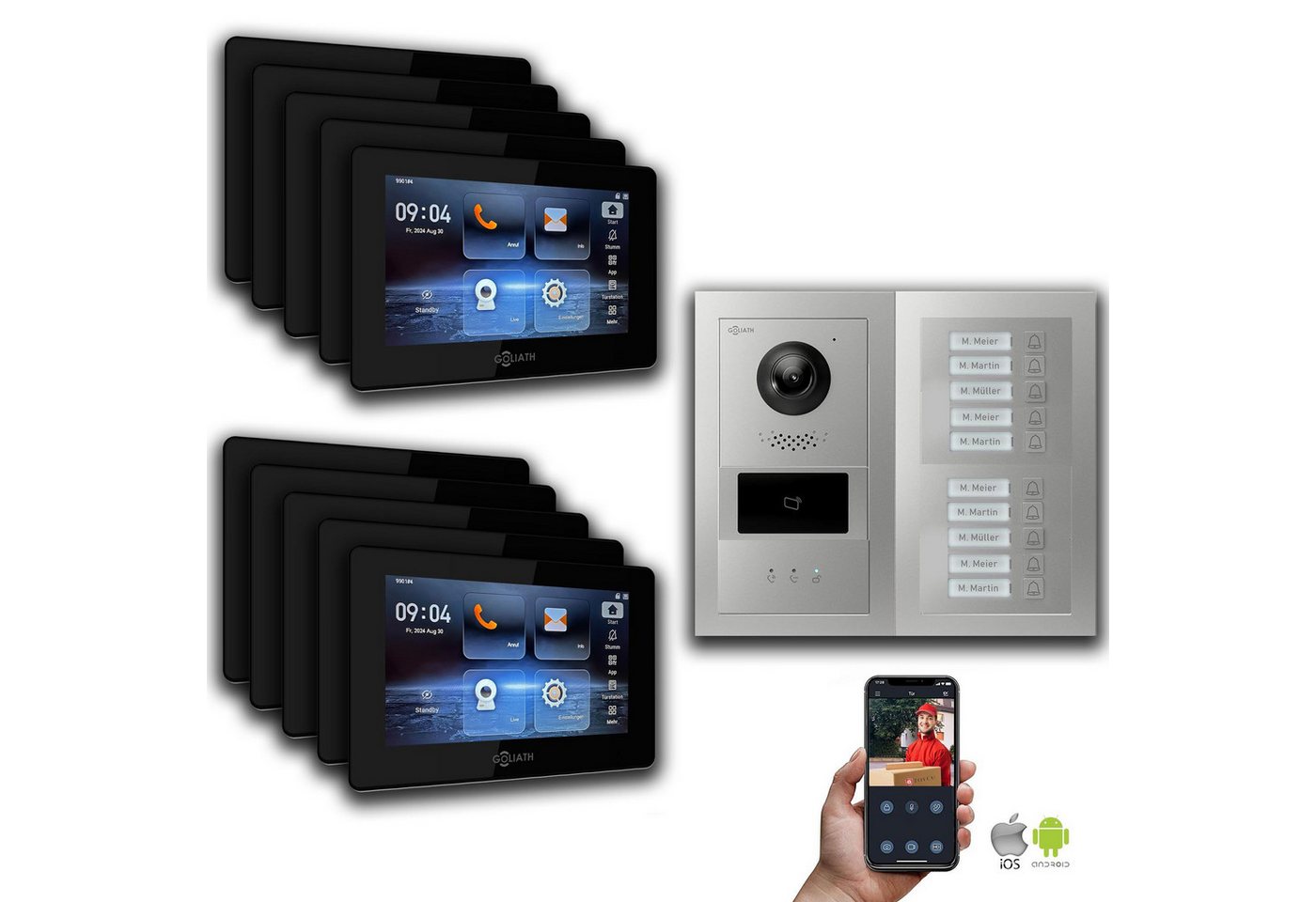 Goliath Intercom Video-Türsprechanlage Goliath IP Video Türsprechanlage: 7-Zoll 10 Familienhaus, RFID, Anzeig (Privat oder Gewerblich) von Goliath Intercom