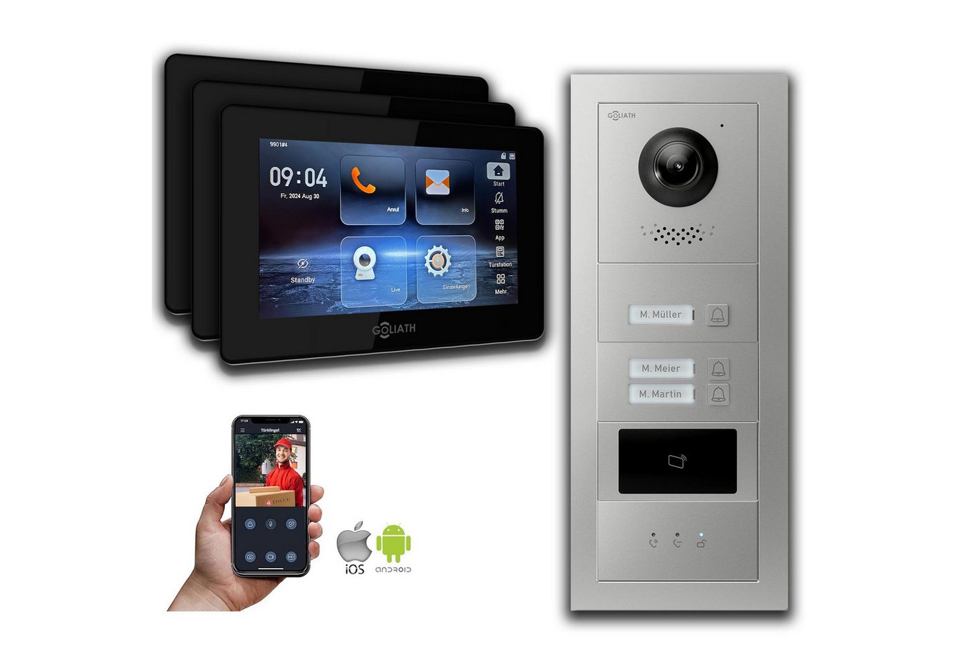 Goliath Intercom Video-Türsprechanlage Goliath IP Video Türsprechanlage: 7-Zoll 3 Familienhaus, RFID, Anzeige (Privat oder Gewerblich) von Goliath Intercom