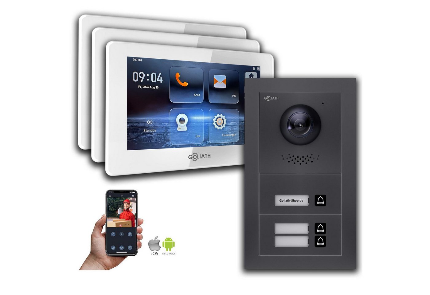 Goliath Intercom Video-Türsprechanlage Goliath IP Video Türsprechanlage: 7-Zoll 3-Familienhaus, Smartphone Ap (Privat oder Gewerblich) von Goliath Intercom