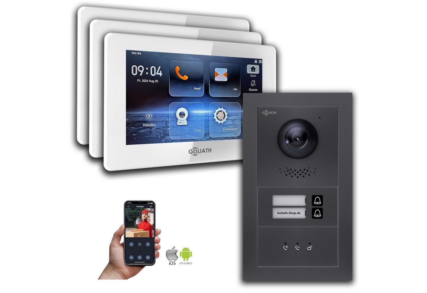 Goliath Intercom Video-Türsprechanlage Goliath IP Video Türsprechanlage: 7-Zoll 3 Monitore 2 Fam., Anzeige, A (Privat oder Gewerblich) von Goliath Intercom