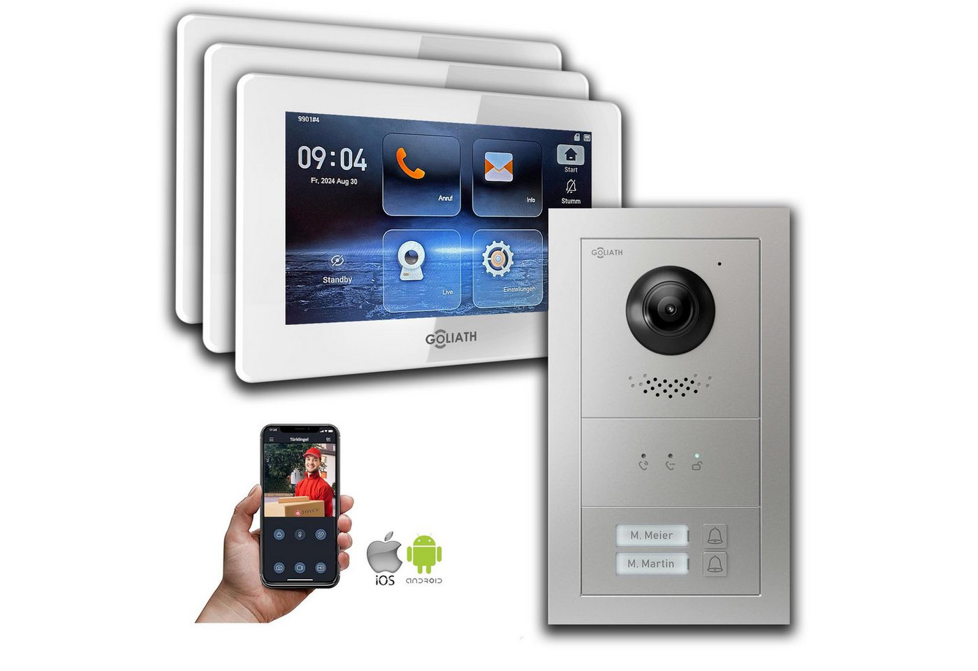 Goliath Intercom Video-Türsprechanlage Goliath IP Video Türsprechanlage: 7-Zoll 3 Monitore 2 Fam., Anzeige, S (Privat oder Gewerblich) von Goliath Intercom