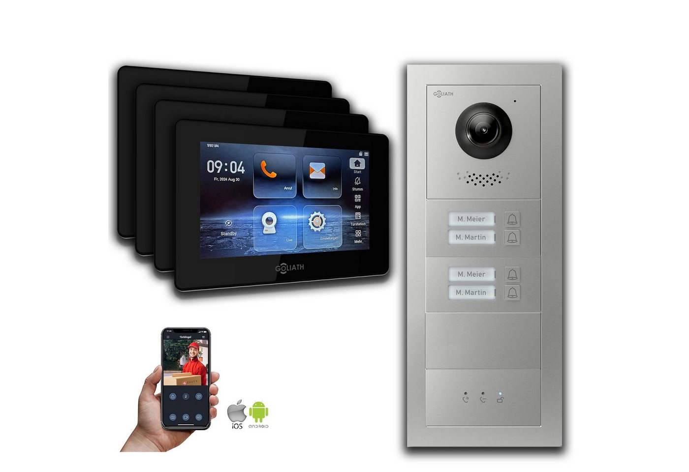 Goliath Intercom Video-Türsprechanlage Goliath IP Video Türsprechanlage: 7-Zoll 4 Familienhaus, Blanko, Anzei (Privat oder Gewerblich) von Goliath Intercom
