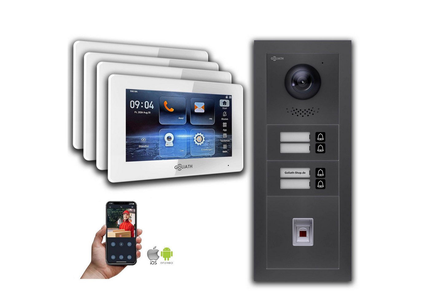 Goliath Intercom Video-Türsprechanlage Goliath IP Video Türsprechanlage: 7-Zoll 4 Familienhaus, Fingerprint, (Privat oder Gewerblich) von Goliath Intercom