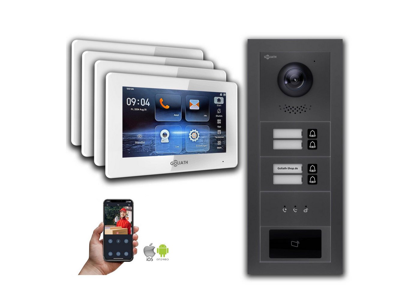Goliath Intercom Video-Türsprechanlage Goliath IP Video Türsprechanlage: 7-Zoll 4 Familienhaus, RFID, Anzeige (Privat oder Gewerblich) von Goliath Intercom