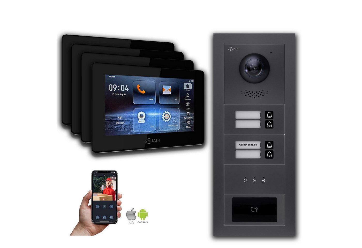 Goliath Intercom Video-Türsprechanlage Goliath IP Video Türsprechanlage: 7-Zoll 4 Familienhaus, RFID, Anzeige (Privat oder Gewerblich) von Goliath Intercom