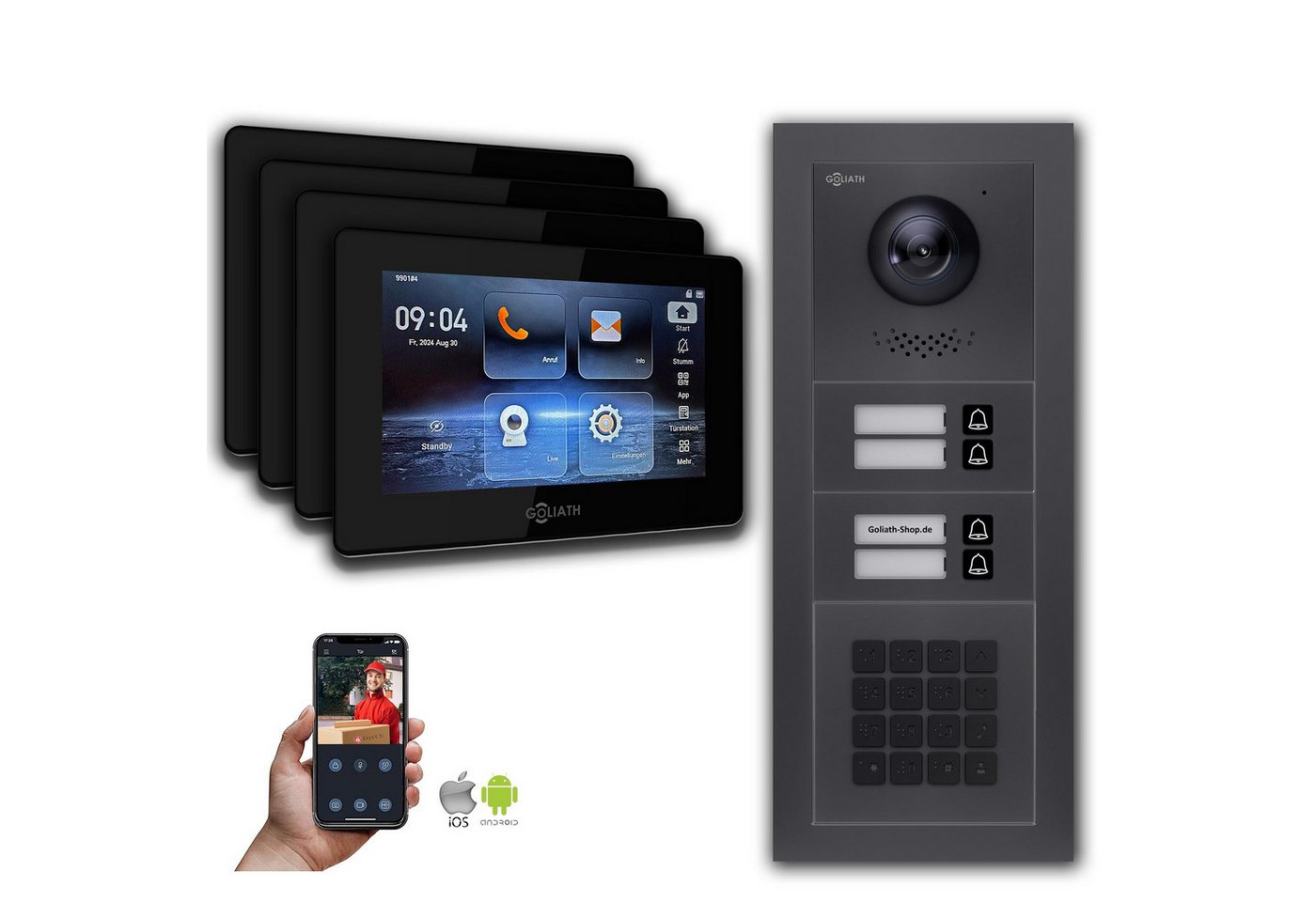 Goliath Intercom Video-Türsprechanlage Goliath IP Video Türsprechanlage: 7-Zoll 4 Familienhaus, Zahlencode, A (Privat oder Gewerblich) von Goliath Intercom