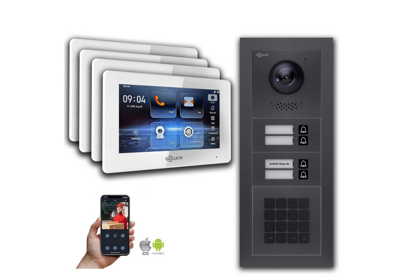 Goliath Intercom Video-Türsprechanlage Goliath IP Video Türsprechanlage: 7-Zoll 4 Familienhaus, Zahlencode, A (Privat oder Gewerblich) von Goliath Intercom
