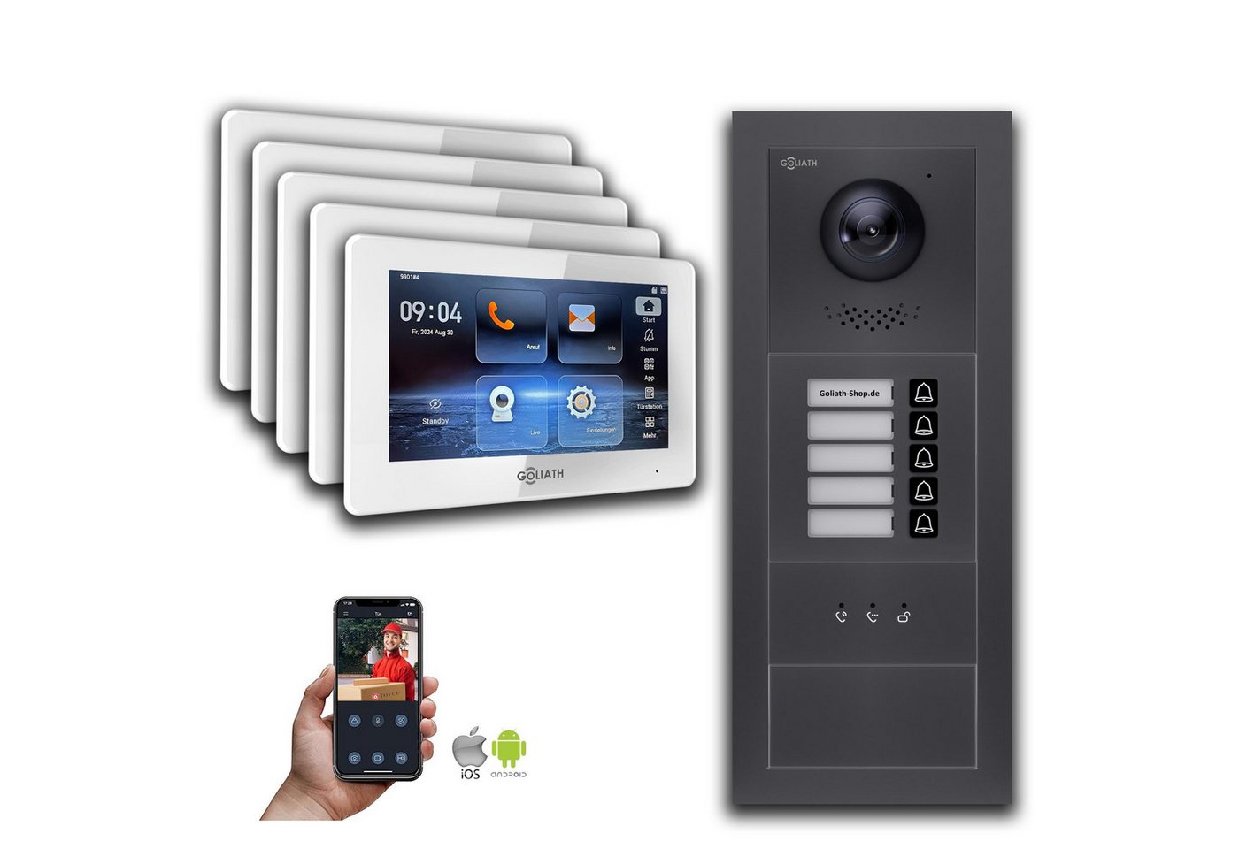 Goliath Intercom Video-Türsprechanlage Goliath IP Video Türsprechanlage: 7-Zoll 5 Familienhaus, Blanko, Anzei (Privat oder Gewerblich) von Goliath Intercom