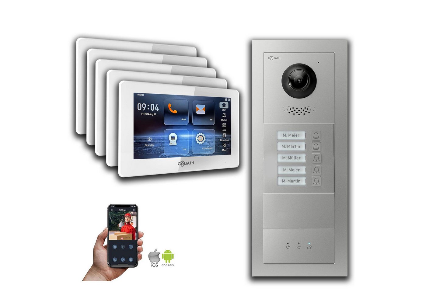 Goliath Intercom Video-Türsprechanlage Goliath IP Video Türsprechanlage: 7-Zoll 5 Familienhaus, Blanko, Anzei (Privat oder Gewerblich) von Goliath Intercom