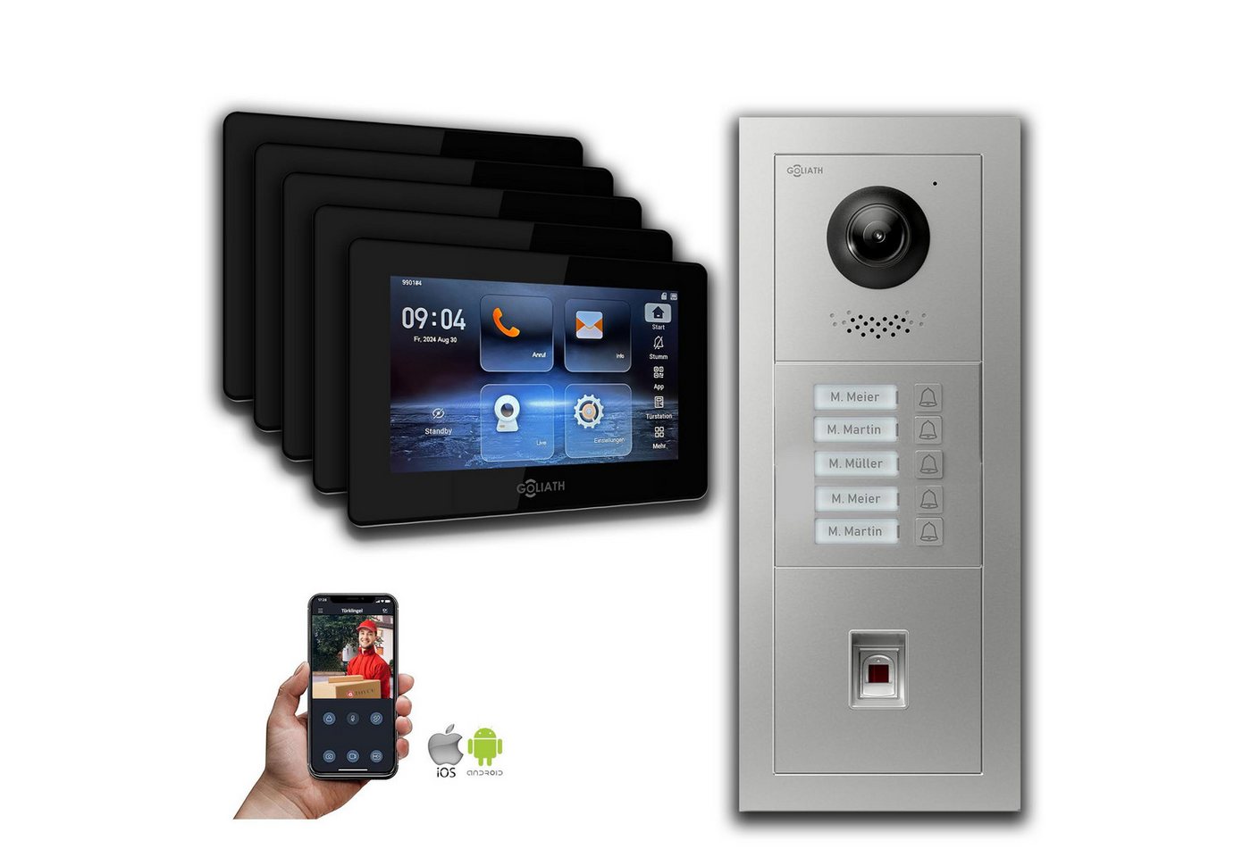Goliath Intercom Video-Türsprechanlage Goliath IP Video Türsprechanlage: 7-Zoll 5 Familienhaus, Fingerprint, (Privat oder Gewerblich) von Goliath Intercom