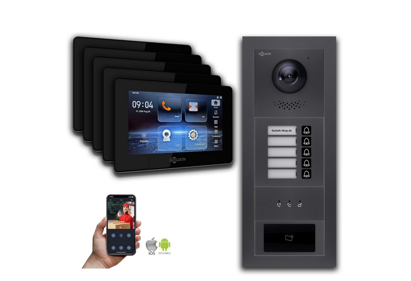 Goliath Intercom Video-Türsprechanlage Goliath IP Video Türsprechanlage: 7-Zoll 5 Familienhaus, RFID, Anzeige (Privat oder Gewerblich) von Goliath Intercom
