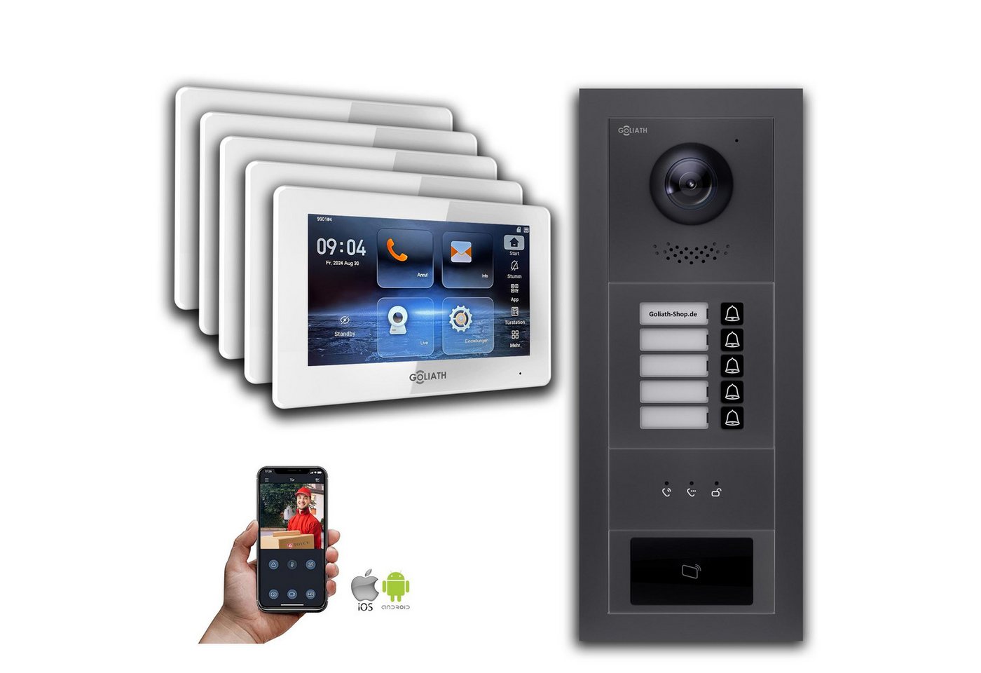 Goliath Intercom Video-Türsprechanlage Goliath IP Video Türsprechanlage: 7-Zoll 5 Familienhaus, RFID, Anzeige (Privat oder Gewerblich) von Goliath Intercom