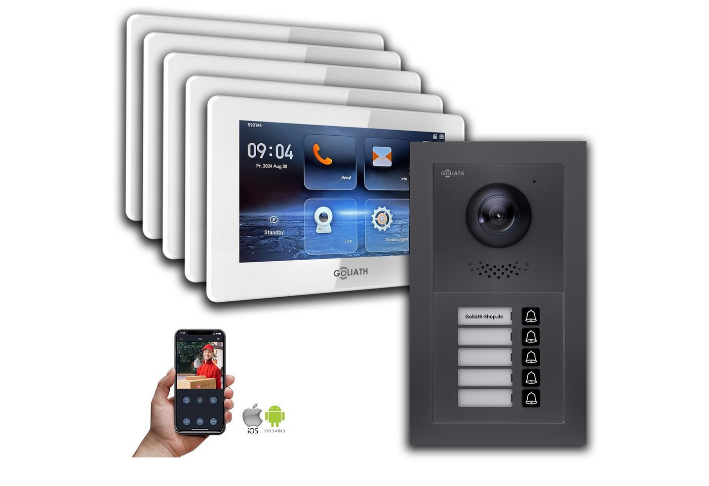 Goliath Intercom Video-Türsprechanlage Goliath IP Video Türsprechanlage: 7-Zoll 5-Familienhaus, Smartphone Ap (Privat oder Gewerblich) von Goliath Intercom
