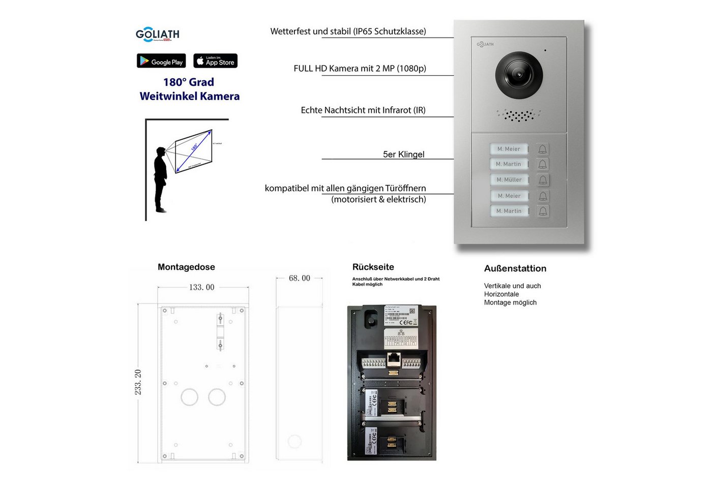 Goliath Intercom Video-Türsprechanlage Türklingel mit Kamera 5-Fam. mit App Steuerung Anthrazit (Privat oder Gewerblich, Silber) von Goliath Intercom