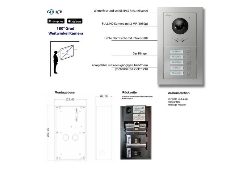 Goliath Intercom Video-Türsprechanlage Türklingel mit Kamera 5-Fam. mit App Steuerung Anthrazit (Privat oder Gewerblich, Silber) von Goliath Intercom