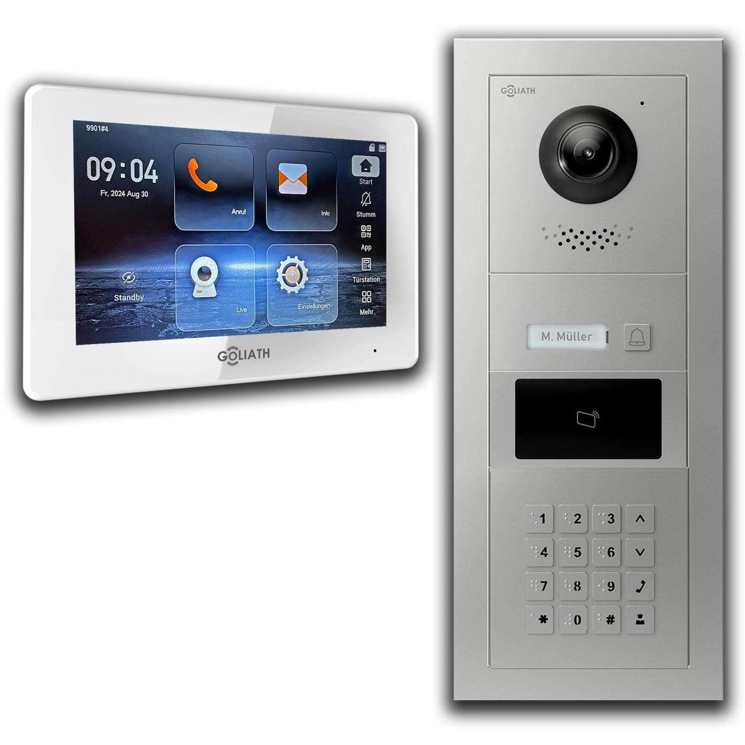 Goliath IP Video Türsprechanlage mit Kamera 7 Zoll Weiß Zahlencode RFID Silber von Goliath intercom