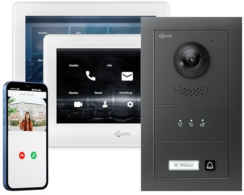 GOLIATH Full-HD Video Türsprechanlage, Unterputz Türstation in Anthrazit, 1 Familienhaus Set, 2X Touchscreen Monitor, 2 Draht Bus Gegensprechanlage, 2MP Kamera, 180° Weitwinkel-Kamera, AV-BUS-613 von Goliath