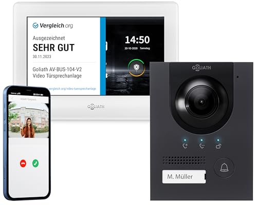 GOLIATH HD Video Türsprechanlage, Video Türklingel mit Kamera, Smartphone App, 1 Familienhaus Klingel, HD Monitor, 2 Draht Bus Gegensprechanlage, Unterputz Türstation, Anthrazit, 2MP Kamera mit 180° von Goliath