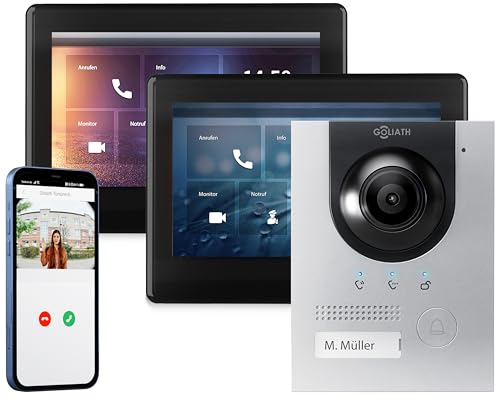 GOLIATH Full-HD Video Türsprechanlage, Unterputz Türstation in Silber, 1 Familienhaus Set, 2X Touchscreen Monitor schwarz, 2 Draht Bus Gegensprechanlage, 2MP Kamera, 180° Weitwinkel, AV-BUS-118 von Goliath