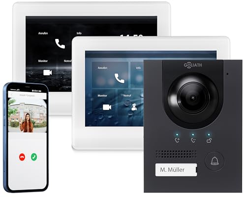 GOLIATH Full-HD Video Türsprechanlage, Unterputz Türstation in Anthrazit, 1 Familienhaus Set, 2X Touchscreen Monitor weiß, 2 Draht Bus Gegensprechanlage, 2MP Kamera, 180° Weitwinkel, AV-BUS-120 von Goliath