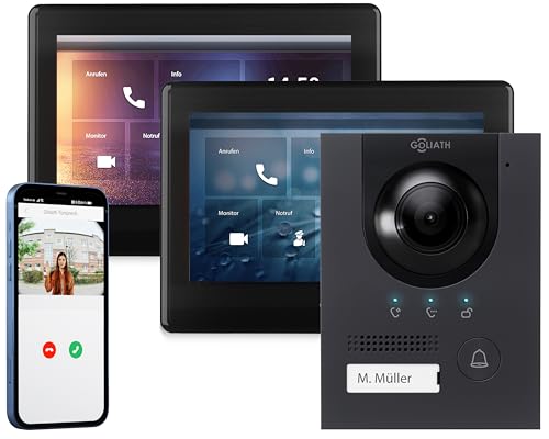 GOLIATH Full-HD Video Türsprechanlage, Unterputz Türstation in Anthrazit, 1 Familienhaus Set, 2X Touchscreen Monitor schwarz, 2 Draht Bus Gegensprechanlage, 2MP Kamera, 180° Weitwinkel, AV-BUS-122 von Goliath