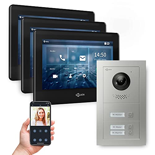 Goliath Hybrid | 2-Draht Bus | Full-HD Video Türsprechanlage | App | 3-Fam | 3 x Full-Touchscreen 7" | Aluminium Unterputz Türstation | 3 Klingel | 180° Ultra-Weitwinkel | AV-BUS-531 von Goliath