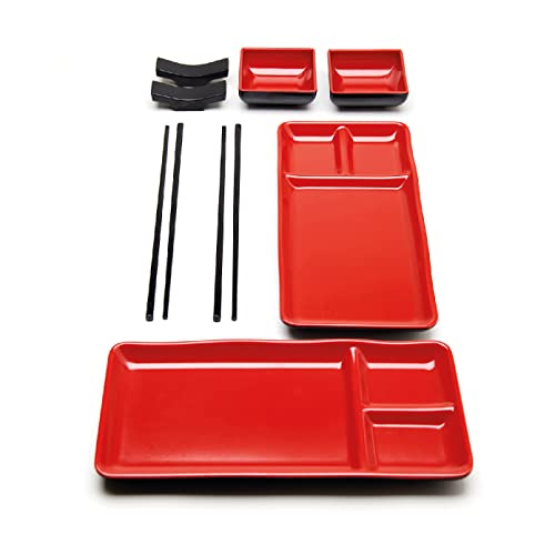 GOLIBER Japanisches Melamine Sushi Geschirr Set (8pcs) - Enthält 2 Schwarzes Geschirr, 2 Soßenschälchen, 2 Essstäbchen und 2 Essstäbchen Ablage - Asiatisches Geschirr Set (Rot) von Goliber