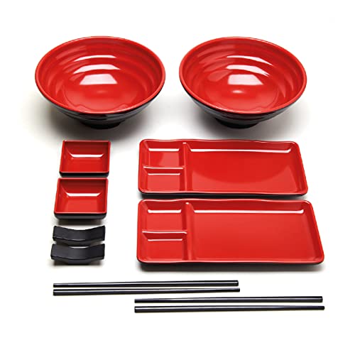 Goliber Japanisches Melamine Set (10pcs) - Enthält 2 Schwarzes Geschirr, 2 asiatische Schalen, 2 Soßenschälchen, 2 Essstäbchen und 2 Essstäbchen Ablage - Asiatisches Geschirr Set (Rot) von Goliber