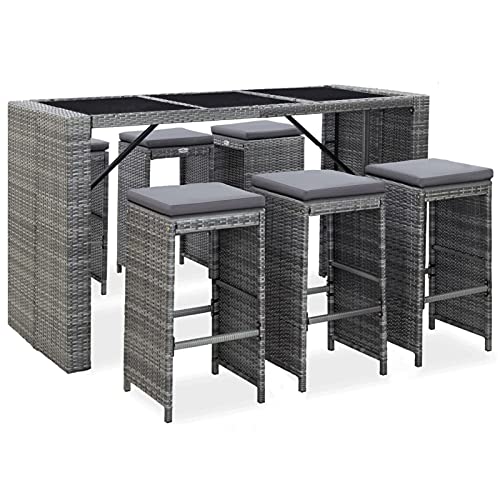 Goliraya Gartenbar Set 7-TLG. mit Auflagen Theke Bar Tresen Gartentheke Bartisch Stehtisch Barhocker Barstuhl Gartenmöbel Poly Rattan Grau von Goliraya