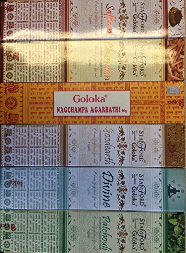 Goloka Nag Champa Räucherstäbchen, 6 Packungen à 15 g/Nag Champa Räucherstäbchen Patchouli Räucherstäbchen Chandan Goodearth Divine safran von Goloka