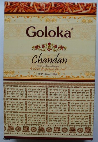 Original indische Räucherstäbchen GOLOKA Chandan - Masala Sandelholz 180 g Vorratspackung (12 Päckchen mit je 15 Gramm) von Goloka