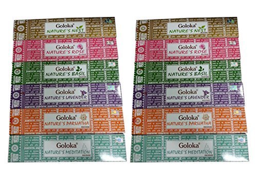 Original neue Goloka Räucherstäbchen Nature'sortierte Mix Räucherstäbchen, 15 g, 12 Packungen à Goloka Räucherstäbchen mit Nature's Nest, Goloka Nature's-Nature'Goloka Räucherstäbchen Lavendel, Rose Goloka Nature's, Goloka Nature'Meditation, s, Parijatha Goloka Räucherstäbchen Nature's Basilikum ^2 je 6 Verschiedene Düfte von Goloka