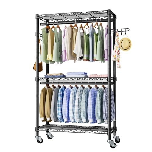 Golpart Tragbarer Kleiderständer zum Aufhängen von Kleidung, robuster Kleiderständer mit Rollen und verstellbaren Regalen, freistehender Metall-Kleiderschrank für Schlafzimmer von Golpart