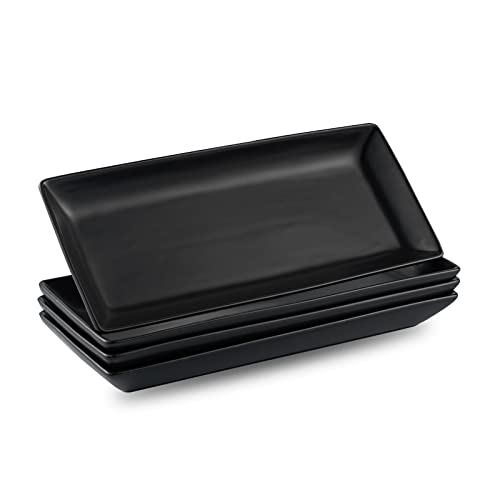 Gomakren Schwarze Servierplatte 4 Stück Porzellan Servierteller Rechteckige Servierschalen und Platten Serviertabletts für Party Essen Vorspeisen Salate Sushi 25.4 cm Schwarz Serviergeschirr Geschenke von Gomakren