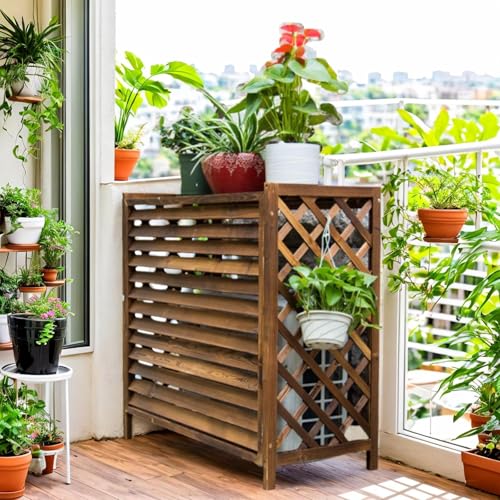 Klimaanlage Abdeckung Außengerät Holz Sichtschutzzaun Balkon Verkleidung Klimaanlage Außengerät Holz Blumenständer Für Draußen Wetterfest Schutzgitter Für Klimaanlagen Und Wärmepumpen(110x50x85cm) von GonTzolkin