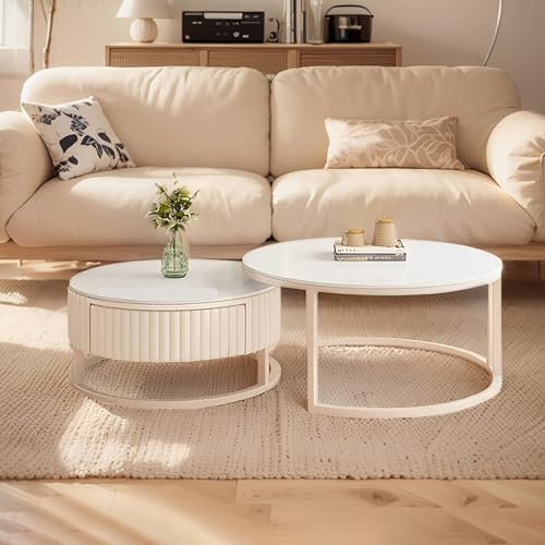 Rund Couchtisch Weiss Mit Stauraum 2er Set Marmor Couchtisch Weiß Moderner Stil Versenkbarer Couch Tisch Mit Mit Schublade Und MetallrahmenIndustrie Kleiner Tisch Für Wohnzimmer Schlafzimmer von GonTzolkin