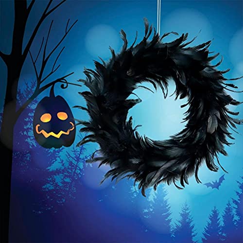 Gonetre Halloween Federkranz Schwarzer Feder Türkranz Elegantes Gruseliges für Halloween Party Innenkunst Im Freien Dekoration Künstliche Feder 40 cm Durchmesser von Gonetre