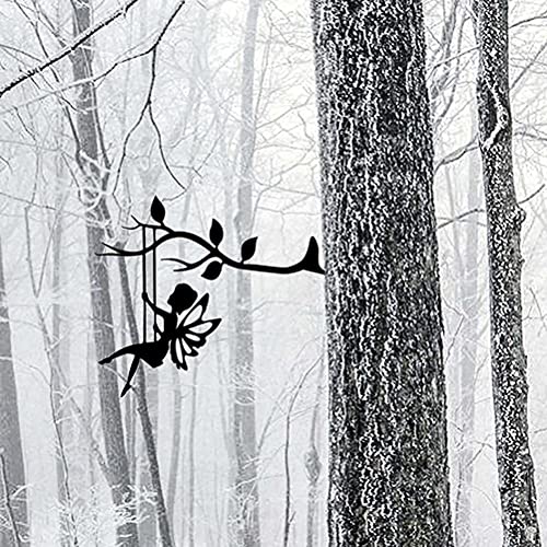 Gonetre Metall Fee Hanging Ornament Tree Wall Art Weather Resistant Garden Outdoor für Innenhöfe Hinterhöfe Rasengärten Material Metall Größe 28x23 Cm (Schwarz) von Gonetre