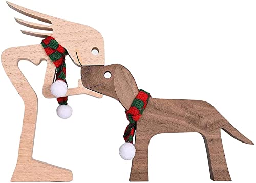 Wooden Sculptures Handmade Accents Craft Figurine,Natural Solid Wood Pet Dog Family Crafts Sculpture, Hand-Carved Figure Creative Gifts for Home Office Desktop. (Women and Dog Scarf) von Goniome