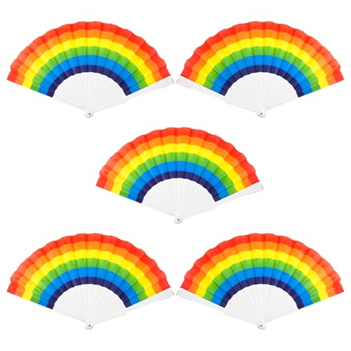 5 Stück Pride Farbfächer Regenbogen Fächer Handfächer Bunte Just Dance Hand Fan Fecher Damen Handfächer Karneval Plastik Regenbogenlüfter für Pride Monats Events Regenbogen Kostüm Dance Party Deko von GooDengFull