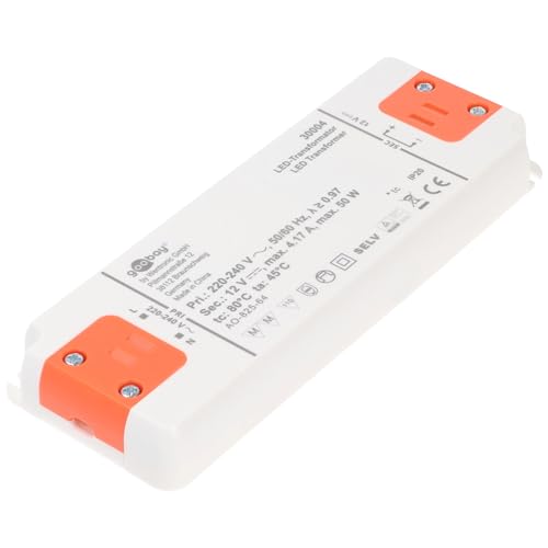 Goobay 30004 LED Trafo 230V auf 12V LED Spot 12V Transformator 50W Gesamtlast LED Treiber 12V DC Gleichspannung LED Driver 12V Trafo kein Flackern, Weiß/Orange von goobay