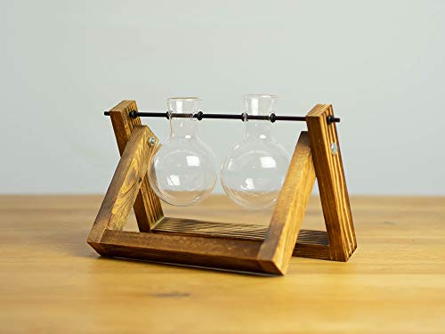 Good Connections Stylische Deko-Blumenvase Rundkolben geflämmter Holzrahmen mit zwei mundgeblasenen, kristallklaren Glaskolben ZUB-7004 von Good Connections