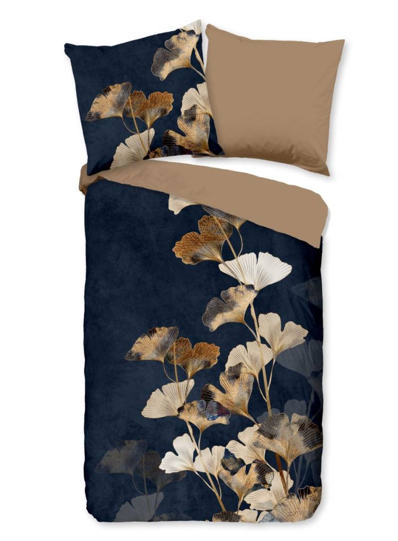 Good Morning Baumwoll-Bettwäsche 155x220 Premium Ginkgo dunkelblau gold 30891 von Good Morning